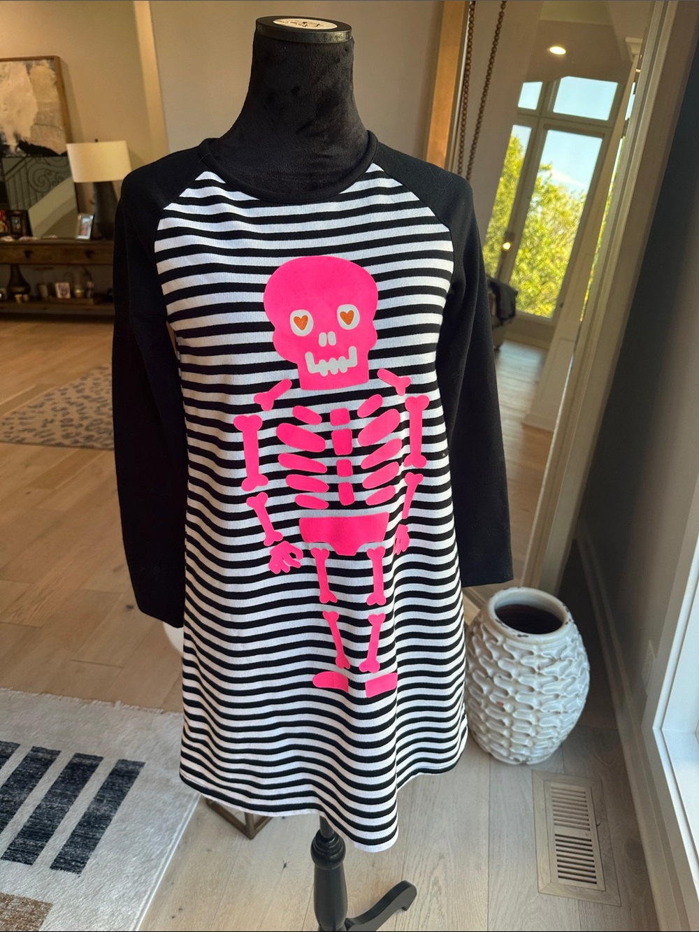 Cat & Jack Black & White Striped Dress with Hot Pink Skeleton